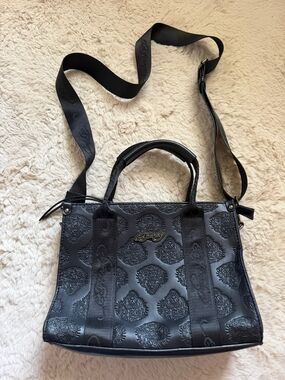Ed Hardy Black Embossed Signature Satchel with Detachable Strap